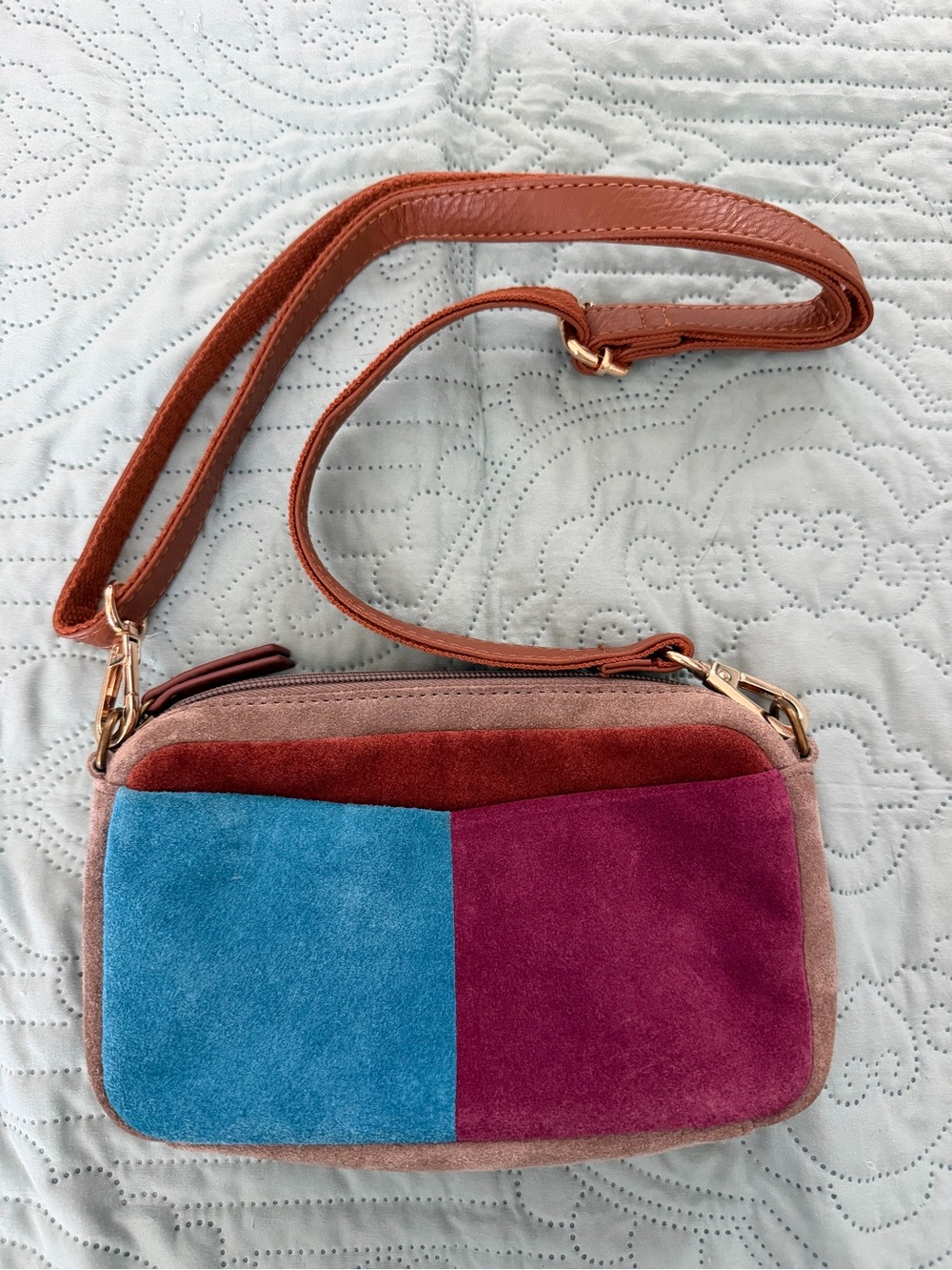 The Sak Colorblock Suede Crossbody Bag in Blue, Pink, Brown